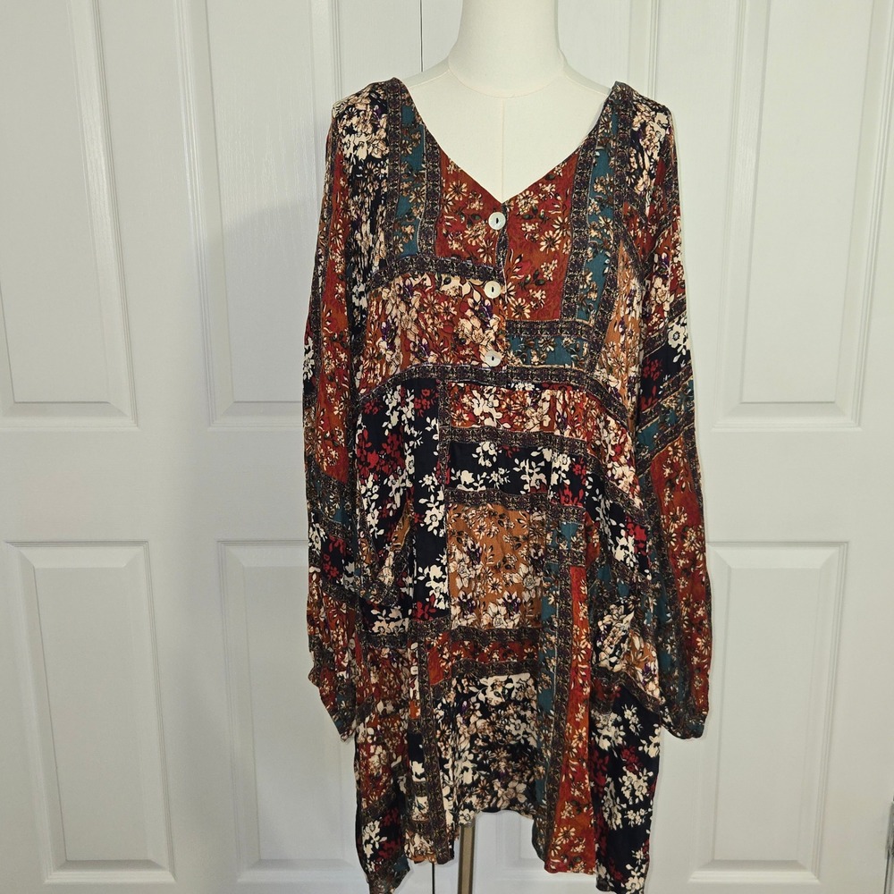 Impressions Dress Womens XL Multi Patchwork Floral Boho Babydoll Long Sleeve